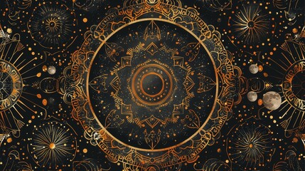 Cosmic mandala with celestial bodies on a starry background