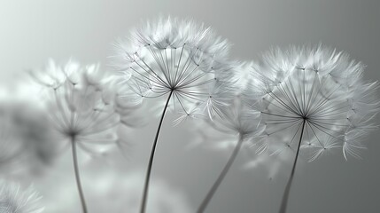 A close-up of floating gray dandelion seeds, captured in sharp detail against a blurred gray background.