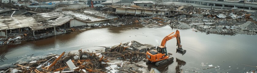 Cranes and forklifts in operation after a severe weather event