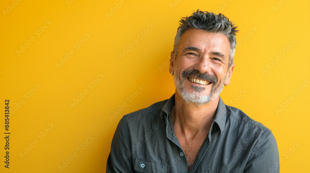 Poster a man with a mustache is smiling and posing for a picture