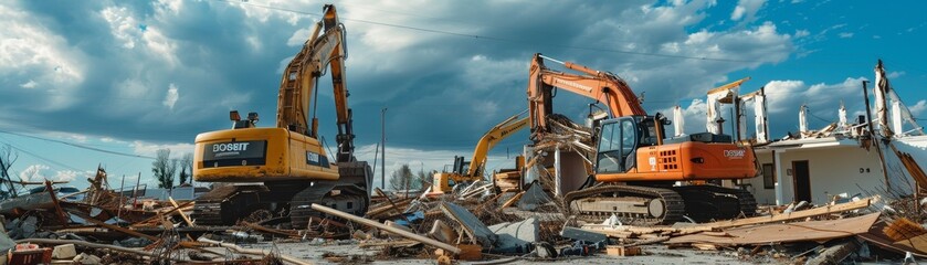 Cranes and forklifts in operation after a severe weather event