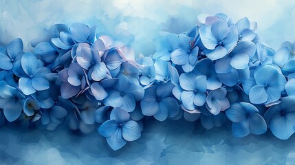 A cluster of cerulean hydrangeas, rendered in watercolors with a high degree of blur for a soothing, abstract appearance.