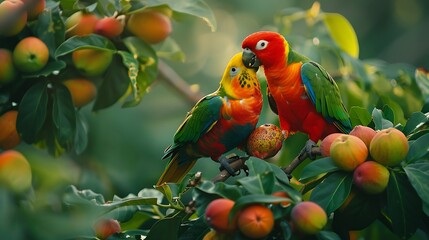 A pair of parrots squabbling over the last remaining guava on a tree heavy with fruit