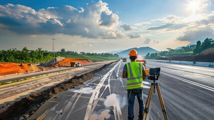Civil engineer inspecting road construction work and supervising expressway project