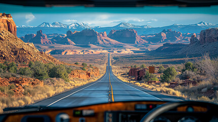 Highway Journey: A rugged truck driver traversing a vast highway, surrounded by expansive desert landscapes and distant mountains on the horizon. - obrazy, fototapety, plakaty