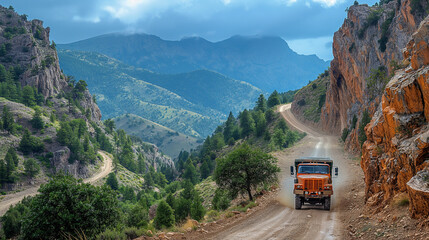Mountain Pass: An adventurous truck driver ascending a steep mountain pass, with rugged cliffs and breathtaking vistas unfolding around every turn. - obrazy, fototapety, plakaty