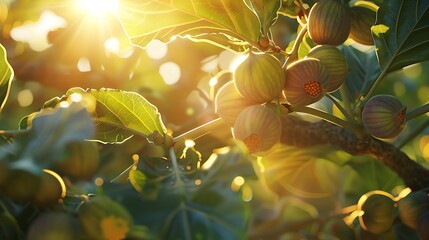 Sunlight filtering through the leaves of a fig tree, illuminating the bounty of sweet, succulent fruit below - Powered by Adobe