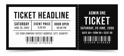 Simple ticket, Black and White, Template minimal design for entertainment show, event, boarding pass, cinema, theatre and concert. Vector illustration