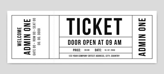 Creative ticket isolated on white background. Retro black paper coupon for event, discount voucher coupon, Concert, movie, raffle, carnival blank pass, 