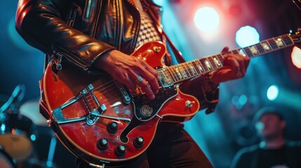 Close-up of a guitarist's hands playing an electric guitar on stage with dramatic lighting focusing...