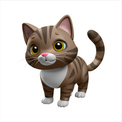 3D Cat. Cartoon three-dimensional tabby cat on transparent background. Isolated figure of toy cinnamon cat tabby