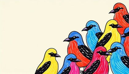 Drawing of birds made to look like a colorful marker drawing of different colored birds as frame or backdrop.