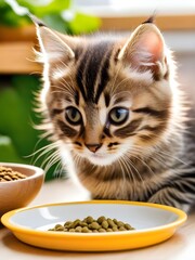 Cat eats dry food from a large bowl