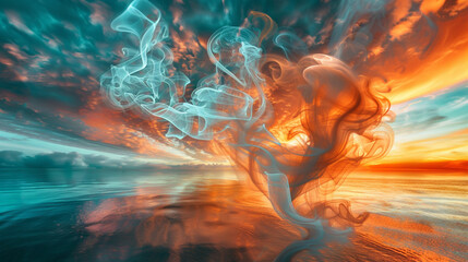 An artistic swirl of smoke in vibrant orange and cool blue, conjuring the imagery of a fiery sky meeting a tranquil sea.