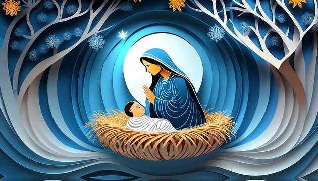Mary with Baby Jesus at night in the manger made of paper