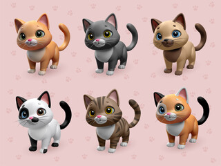 Set of 3D cats. Cheerful, domestic 6 kittens of different colors. Orange, black and white, tabby, tricolor, Siamese and gray cats are looking for their owners! All cats are completely vector.