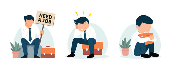 Sad jobless employee carrying sign written Need a Job. Businessman or employee Frustration and depression vector illustration concept