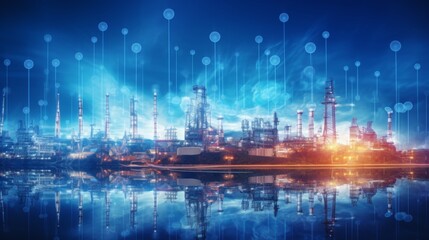 Modern factory, communication network. Telecommunication. IoT, Internet of Things, ICT, Information communication Technology,. Smart factory. Digital transformation, cloud connecting, generate by AI