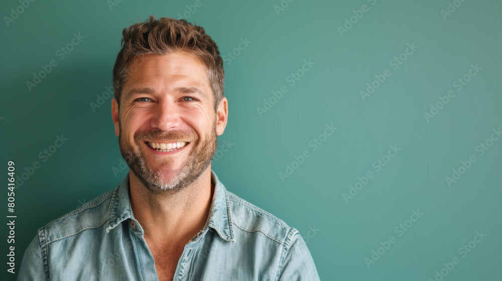 Poster a man with a beard and a smile is smiling at the camera