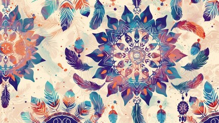 Vibrant bohemian mandala with feathers and dreamcatchers