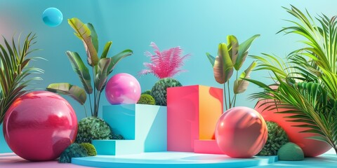 Vibrant Still Life Display With Spheres and Geometric Shapes on Pastel Background