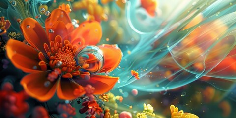 Painting of Orange Flowers and Blue Swirls