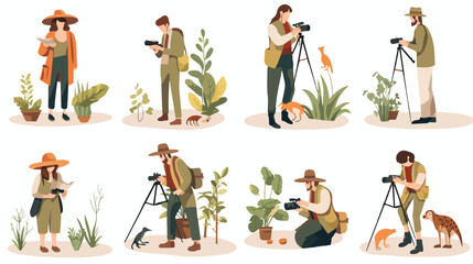 Set of different people exploring nature vector fla