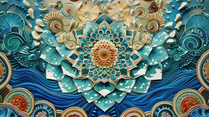 Vibrant mandala art with intricate designs and oceanic hues