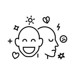 Multiple personality. A head illustration with 2 faces, happy and sad mood to represent multiple personality issue.