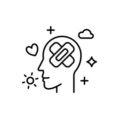 Mental health treatment. A head illustration with wound plaster symbol to represent mental health treatment.