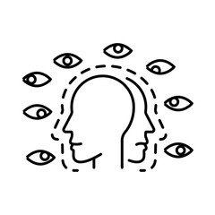 Paranoia. A head illustration with many eyes looking around to represent paranoia mental health issue.