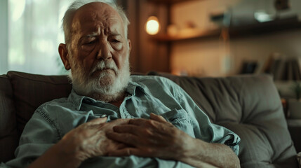 An old middle-aged grandfather sitting on the sofa at home suddenly felt the pain of a heart attack when he touched his chest