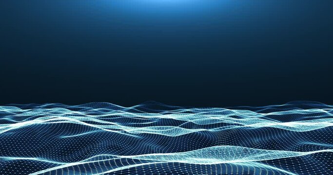 Abstract blue wavy ocean made of plexuses dots and lines. Abstract animation.