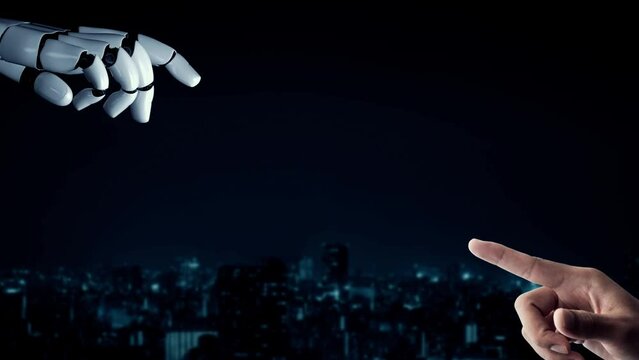 MLP Futuristic robot artificial intelligence enlightening AI technology development and machine learning concept. Global robotic bionic science research for future of human life. 3D rendering graphic.