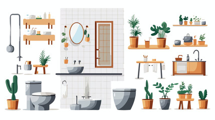 Set of bathroom and toilet interiors in Scandinavia