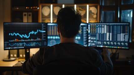 A man sits in front of two computer monitors, engaged in financial analysis