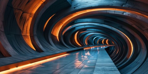 Futuristic Tunnel Architecture in Blue and Orange Tones Captured at Dusk