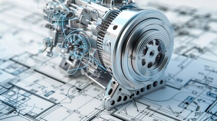 Detailed 3D engine model superimposed on engineering blueprints, emphasizing advanced mechanical engineering concepts, close-up - obrazy, fototapety, plakaty
