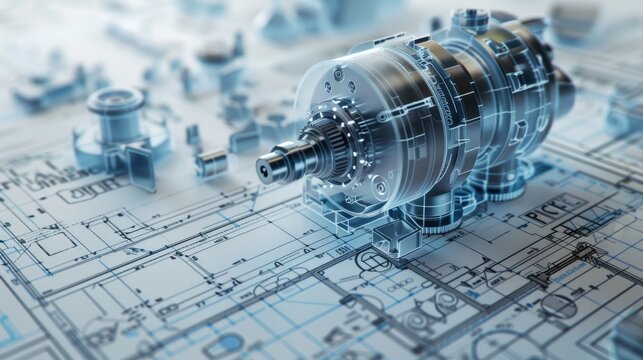 Detailed 3D engine model superimposed on engineering blueprints, emphasizing advanced mechanical engineering concepts, close-up