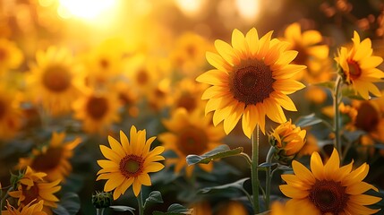 Bright yellow sunflower blossoms scattered across a vibrant, colorful background, with each petal glowing under the sunlight.