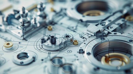 Detailed schematics produced by engineering technicians, focusing on mechanical parts for industrial engineering tasks, close-up