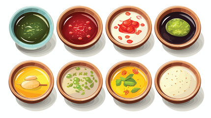 Set of asian sauces in bowls. Collection of Japanes