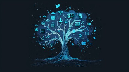 tree with branches and leaves made up in the style of icons representing different types of digital marketing tools like social media