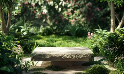 A photorealistic image of an outdoor podium in the garden, surrounded by lush greenery and blooming flowers. The podium is made from natural stone with a smooth surface