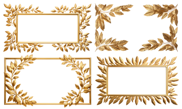 Set of elegant golden frames adorned with golden leaves, cut out