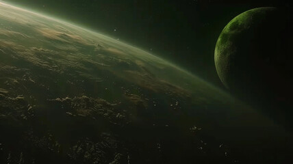 A green planet with a large green moon in the background