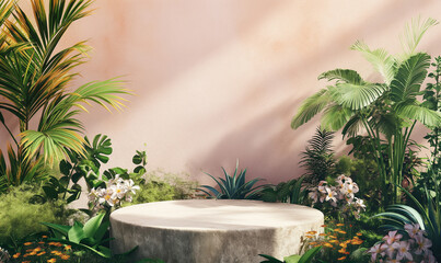 A photorealistic scene of an outdoor garden with lush greenery, wildflowers and palm trees surrounding a stone podium for product display. The background is a soft pastel colored wall