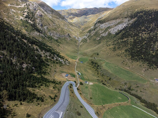 Beautiful valley between the mountains of Andorra. Aerial view.