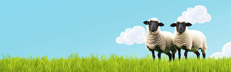 Obraz premium Blue sky background, sheep on grass hill, panoramic banner with copy space area,