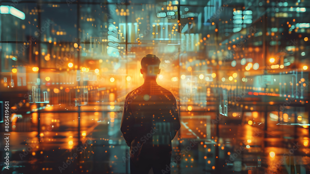 Poster man double exposure illustrates next gen logistic networks in the logistics area - exploring next ge